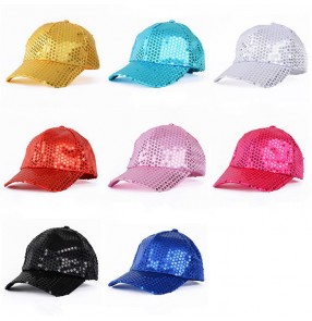 Light pink fuchsia hot pink gold royal blue turquoise gold black red sequins girls women's jazz hip hop singer dancing  performance peaked cap hats